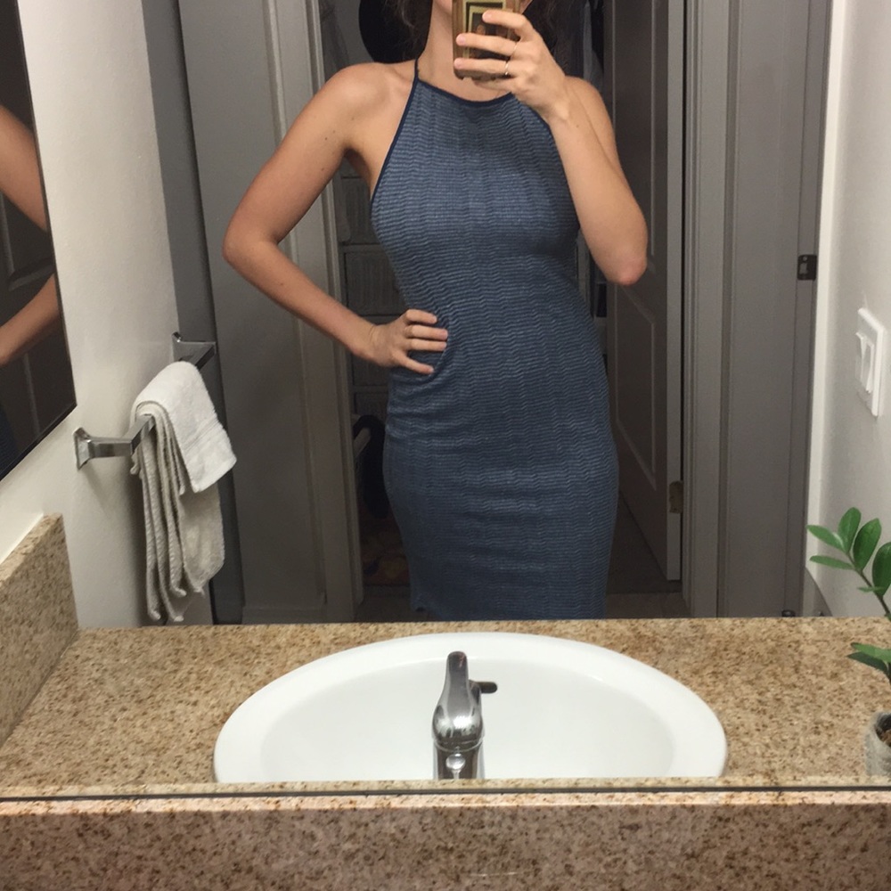 blue knit mid length dress